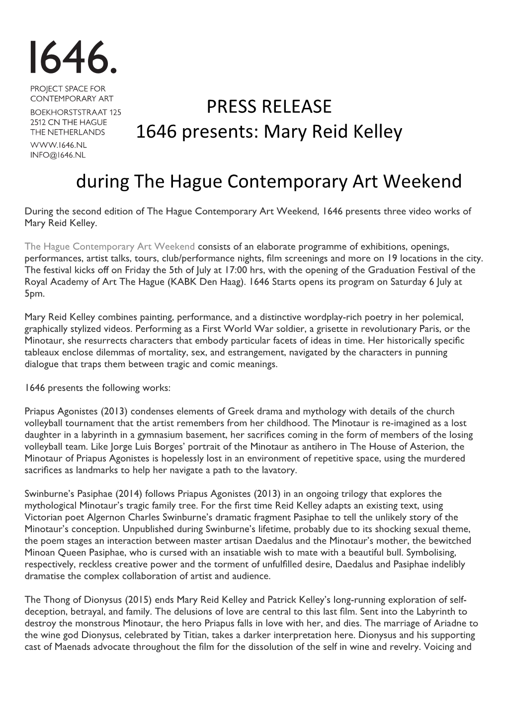 PRESS RELEASE 1646 Presents: Mary Reid Kelley During the Hague Contemporary Art Weekend