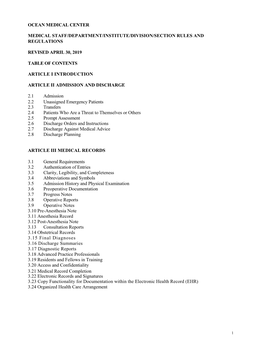 Ocean Medical Center Medical Staff/Department/Institute/Division/Section Rules and Regulations Revised April 30, 2019 Table of C