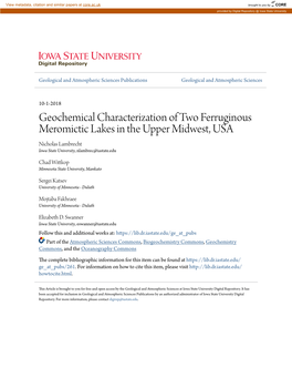 Geochemical Characterization of Two Ferruginous Meromictic Lakes in the Upper Midwest, USA Nicholas Lambrecht Iowa State University, Nlambrec@Iastate.Edu