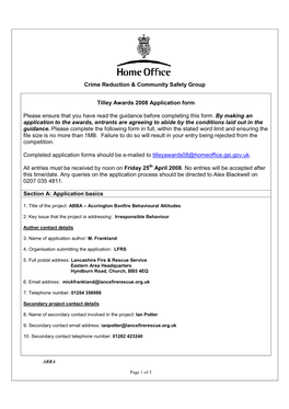 Crime Reduction & Community Safety Group Tilley Awards 2008 Application Form Please Ensure That You Have Read the Guidance B