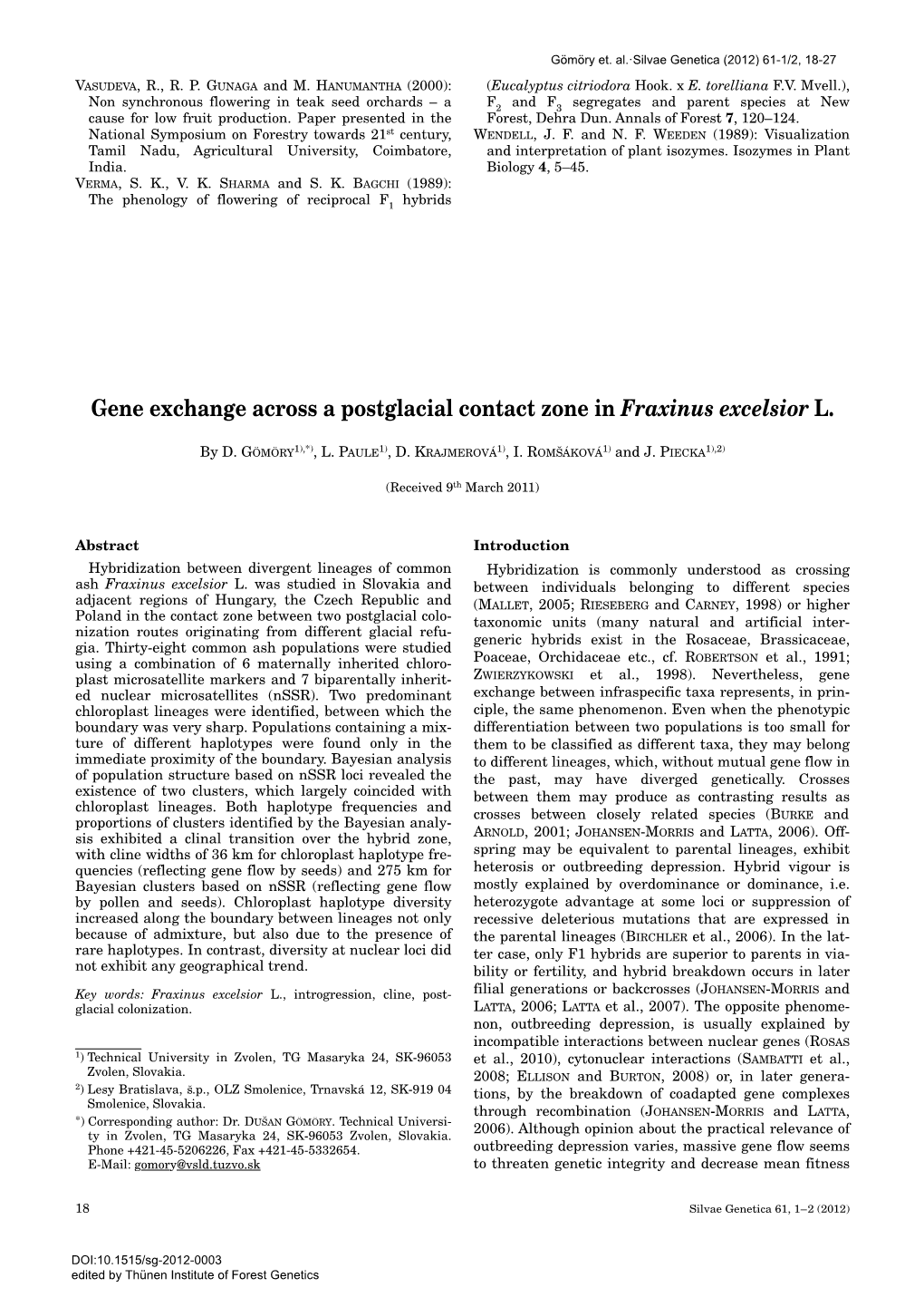 Gene Exchange Across a Postglacial Contact Zone in Fraxinus Excelsior L