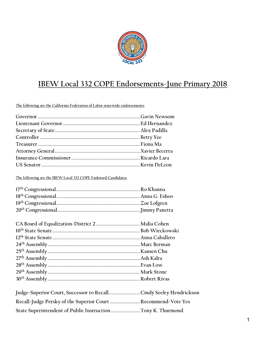 IBEW Local 332 COPE Endorsements-June Primary 2018