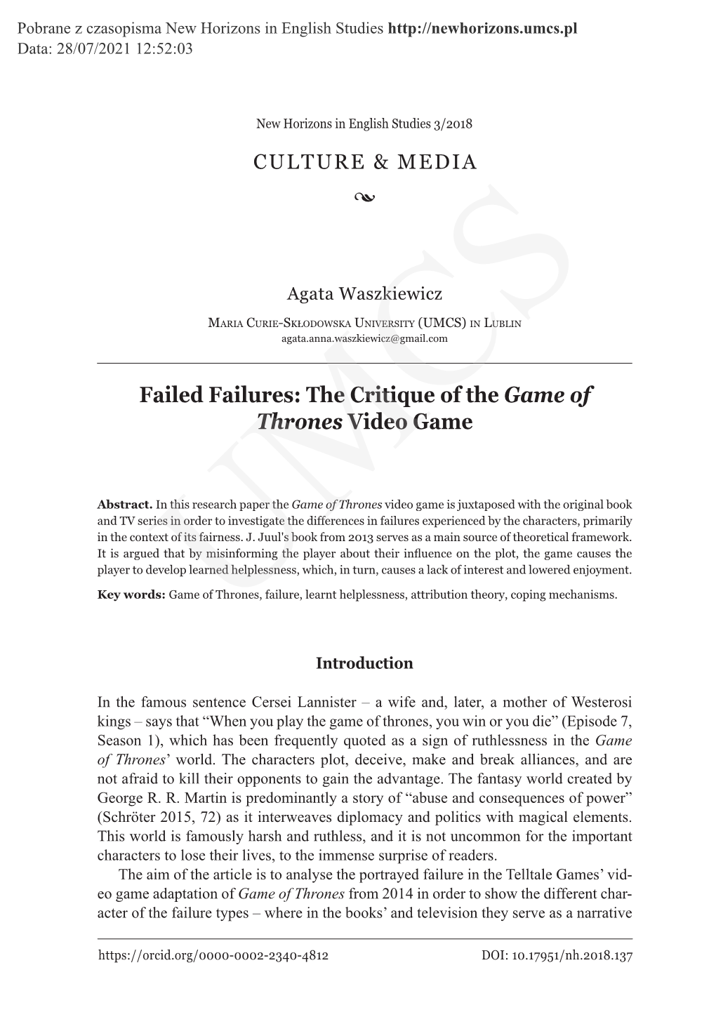 Failed Failures: the Critique of the Game of Thrones Video Game
