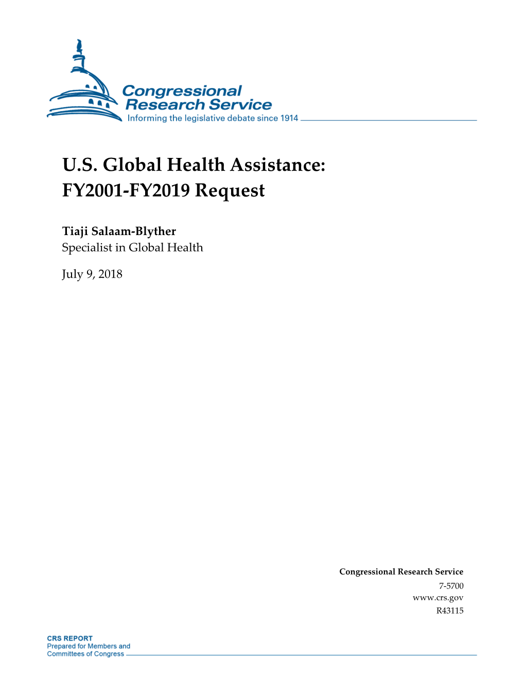 U.S. Global Health Assistance: FY2001-FY2019 Request