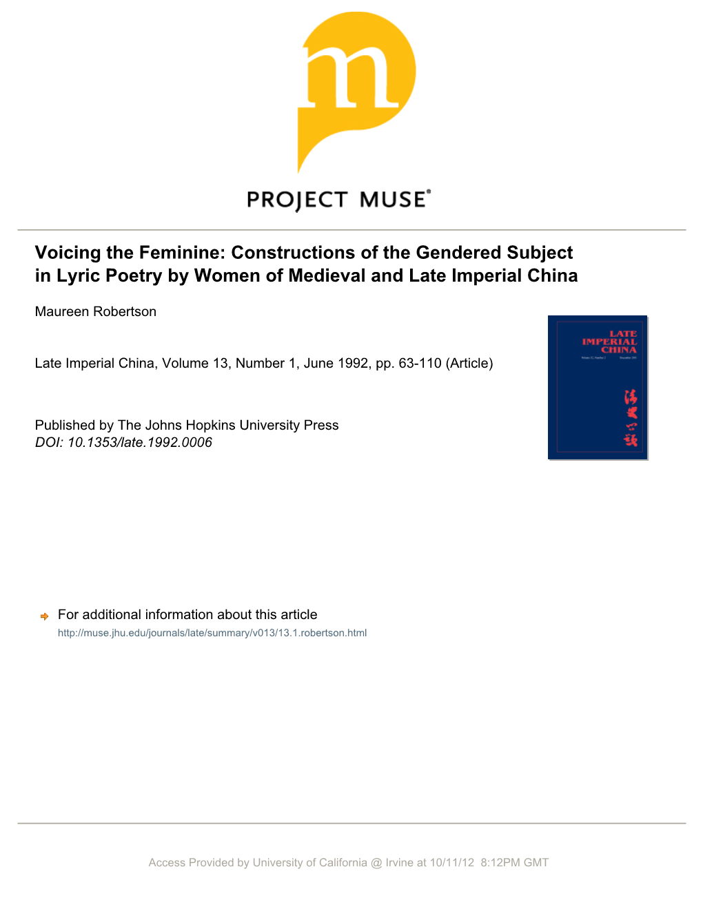 Voicing the Feminine: Constructions of the Gendered Subject in Lyric Poetry by Women of Medieval and Late Imperial China