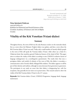 Vitality of the Krk Venetian (Veian) Dialect