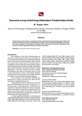 Taxonomic Survey of Stink Bugs (Heteroptera: Pentatomidae) of India