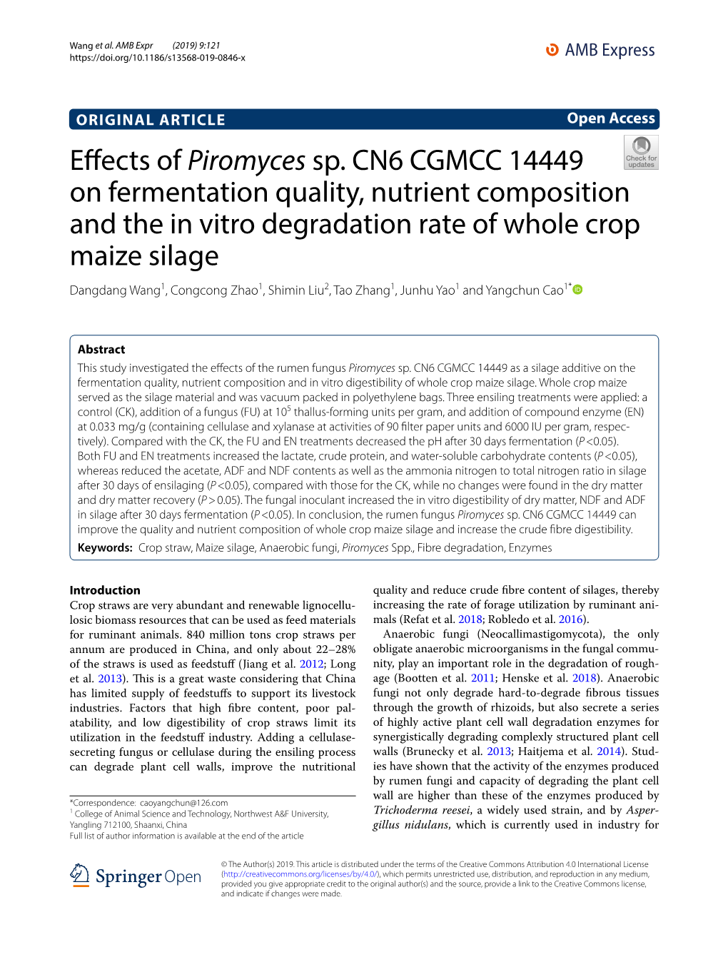 Effects of Piromyces Sp. CN6 CGMCC 14449 on Fermentation Quality