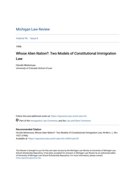 Whose Alien Nation?: Two Models of Constitutional Immigration Law