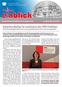 Katarina Barley Ist Justiziarin Der SPD-Fraktion SPD-Bundestagsfraktion Hat Neuen Geschäftsführenden Vorstand Gewählt