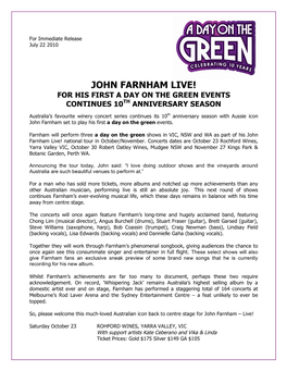 John Farnham Live! for His First a Day on the Green Events Continues 10Th Anniversary Season