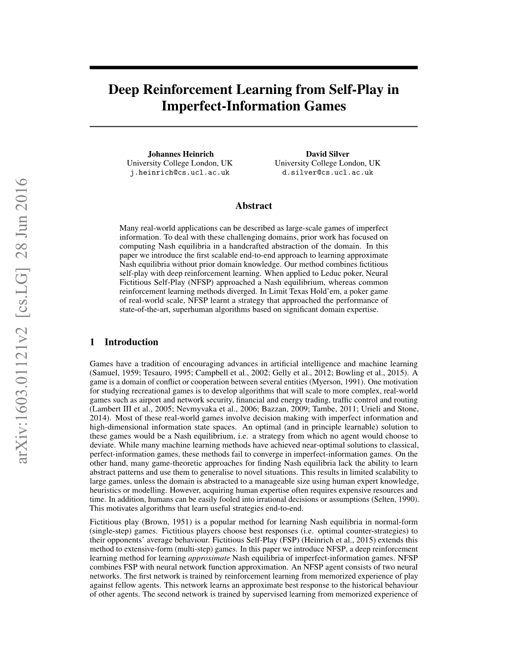 Deep Reinforcement Learning from Self-Play in Imperfect-Information Games