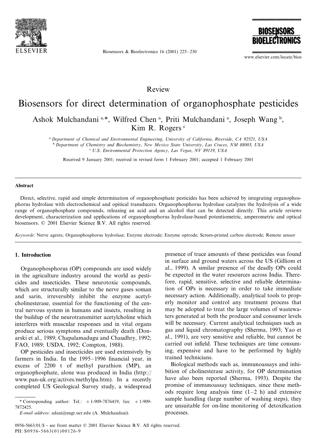 Biosensors for Direct Determination of Organophosphate Pesticides