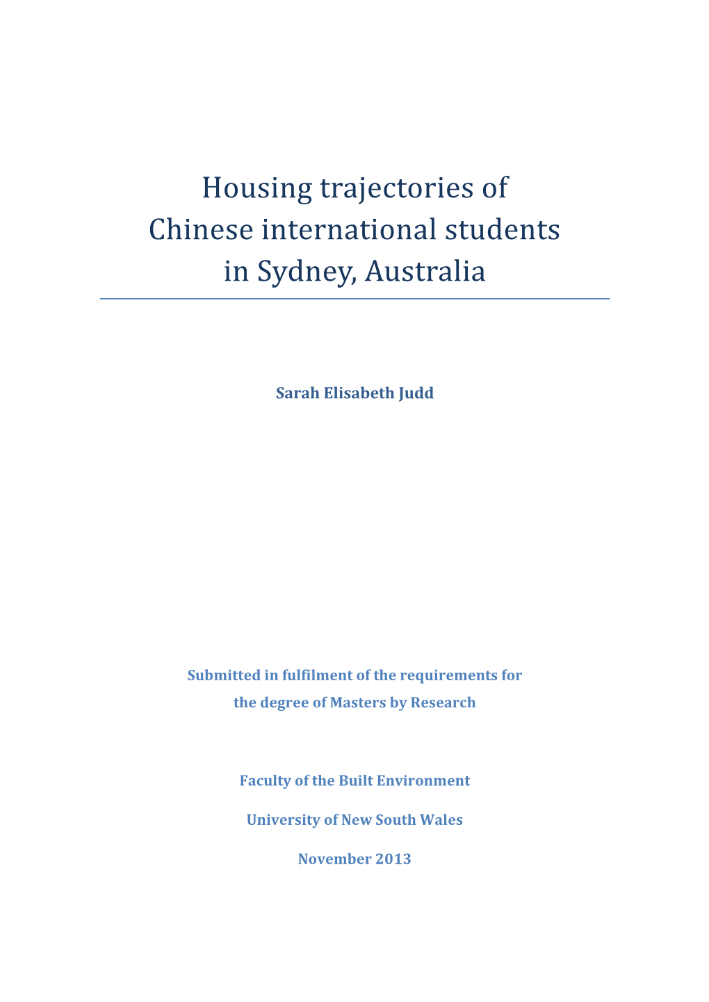 Housing Trajectories of Chinese International Students in Sydney, Australia