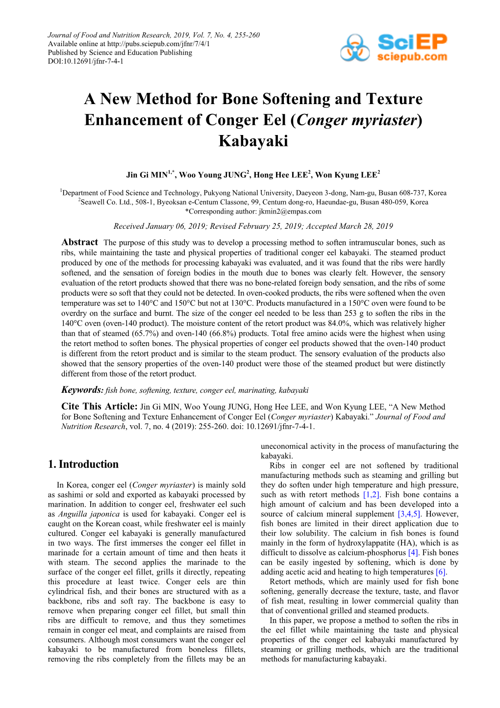 A New Method for Bone Softening and Texture Enhancement of Conger Eel (Conger Myriaster) Kabayaki