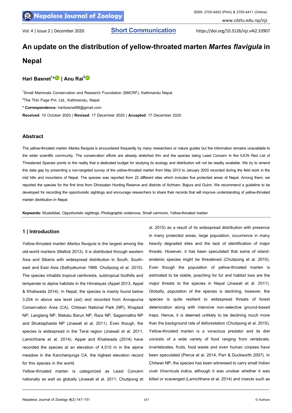 An Update on the Distribution of Yellow-Throated Marten Martes Flavigulain