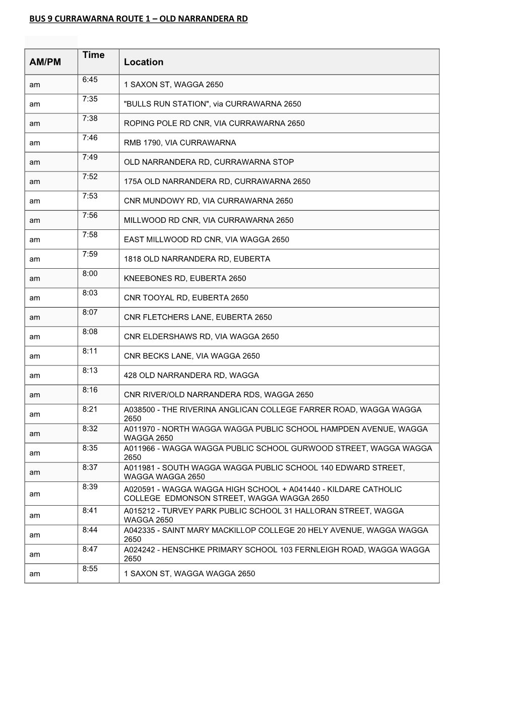 Bus 9 Currawarna Route 1 – Old Narrandera Rd Am/Pm