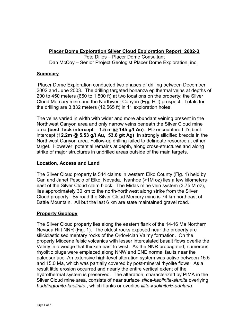 Silver Cloud Progress Report, 1St Quarter 2003 March 18, 2003