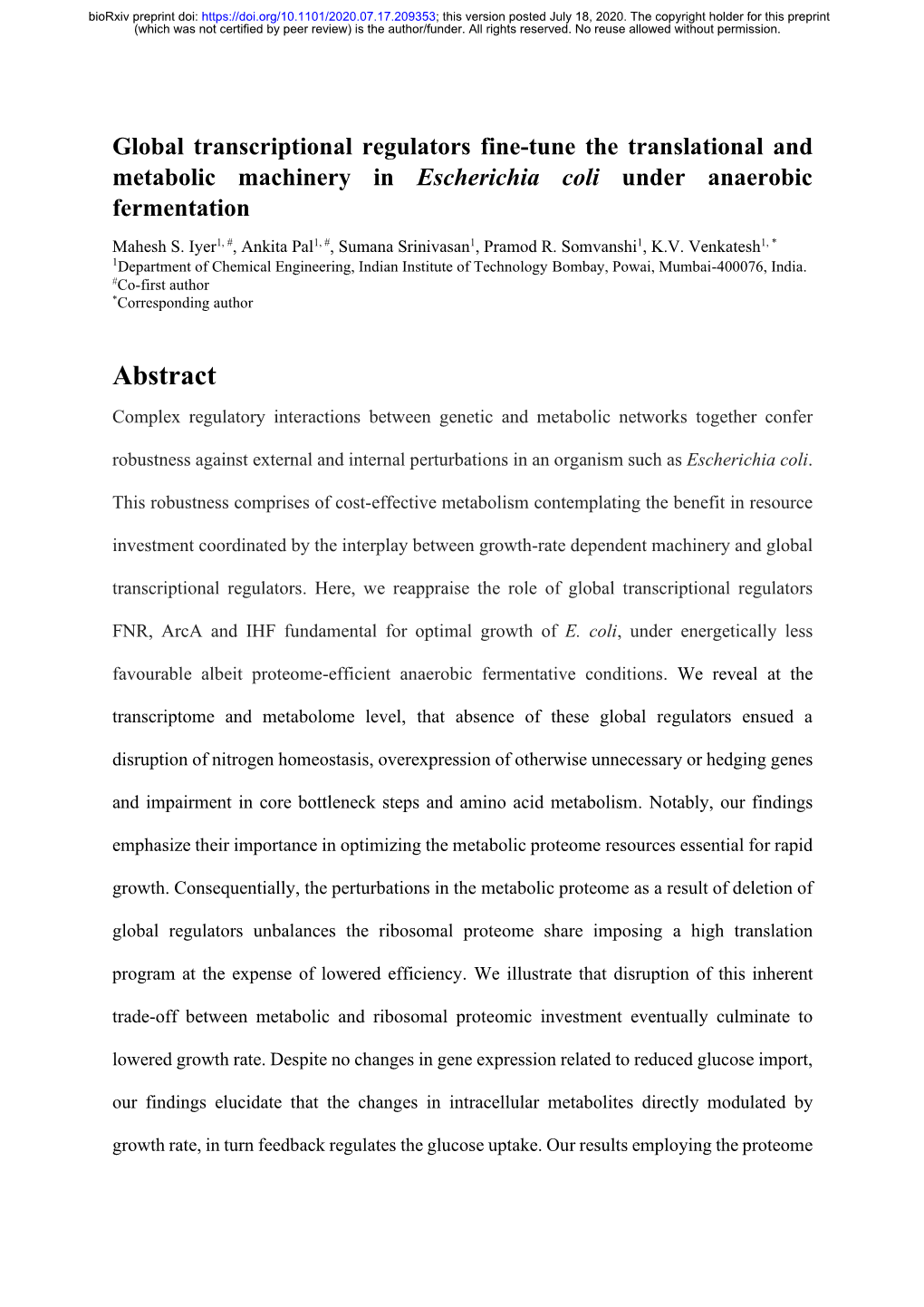 Global Transcriptional Regulators Fine-Tune the Translational and Metabolic Machinery in Escherichia Coli Under Anaerobic Fermentation