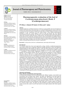 Pharmacognostic Evaluation of the Leaf of Cochlospermum Planchonii, Hook. F (Cochlospermaceae)