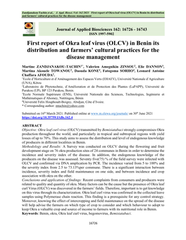 First Report of Okra Leaf Virus (OLCV) in Benin Its Distribution and Farmers’ Cultural Practices for the Disease Management