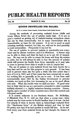 QUININE PROPHYLAXIS for MALARIA. by H