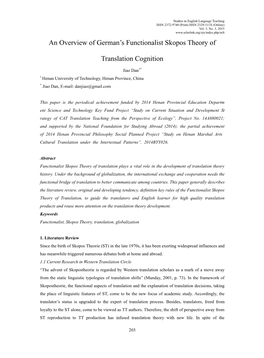 An Overview of German's Functionalist Skopos Theory of Translation Cognition