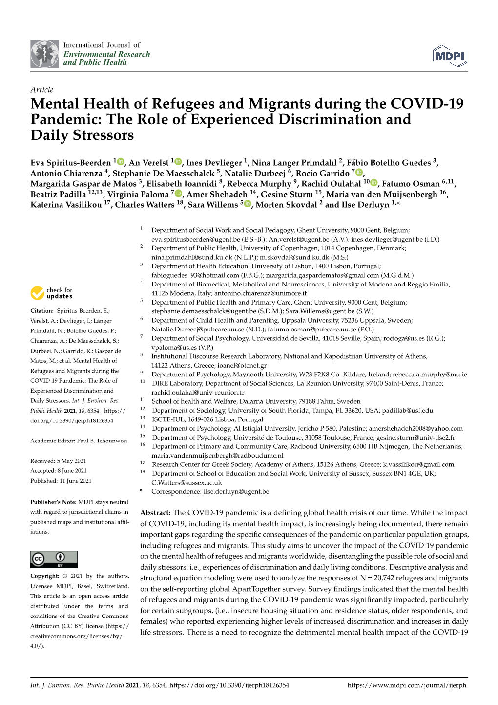 Mental Health of Refugees and Migrants During the COVID-19 Pandemic: the Role of Experienced Discrimination and Daily Stressors