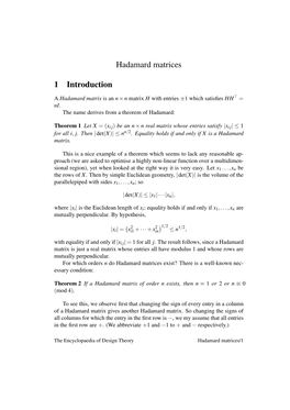 Hadamard Matrices 1 Introduction