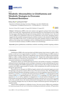 Metabolic Abnormalities in Glioblastoma and Metabolic Strategies to Overcome Treatment Resistance