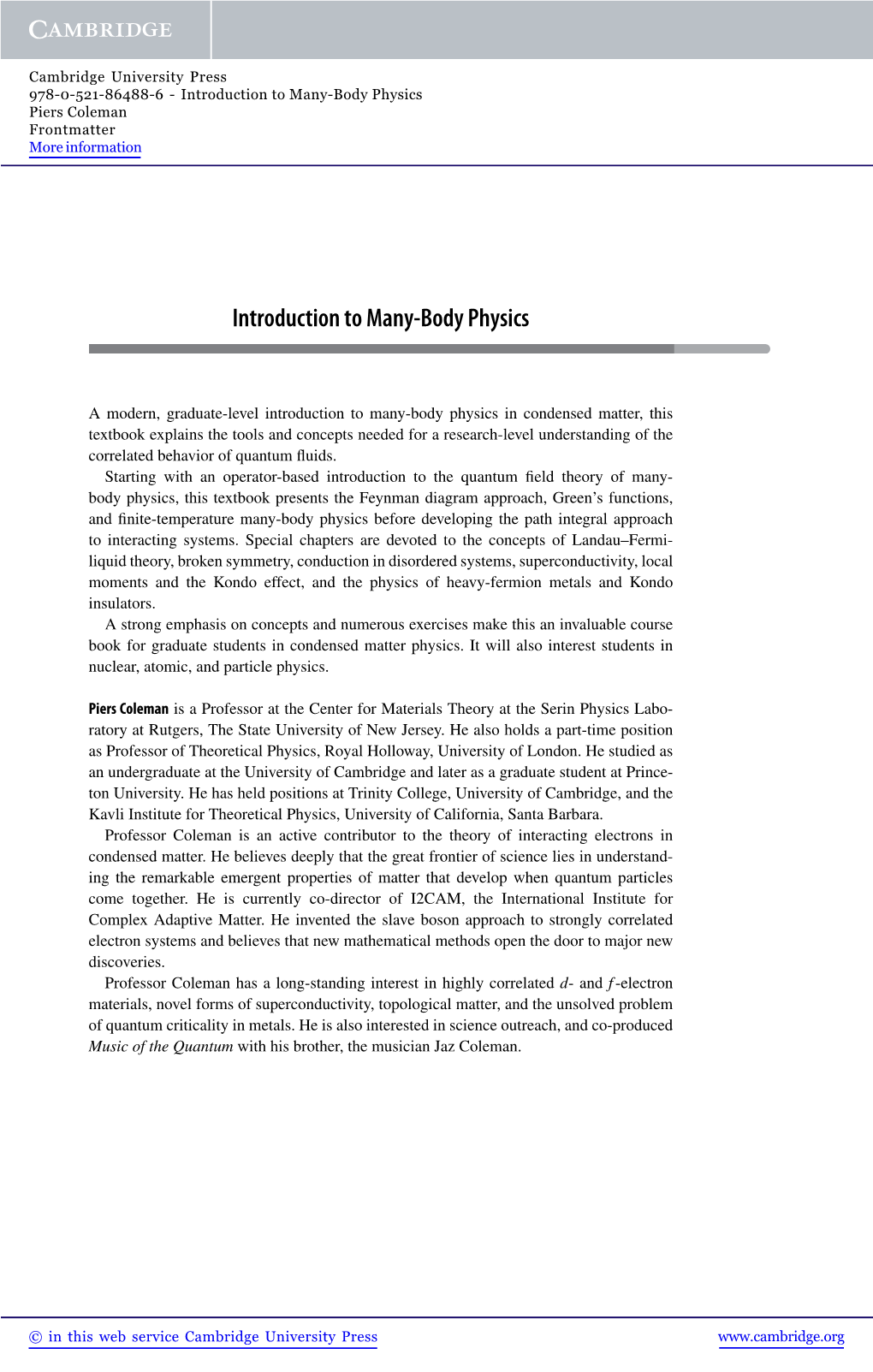 Introduction to Many-Body Physics Piers Coleman Frontmatter More Information