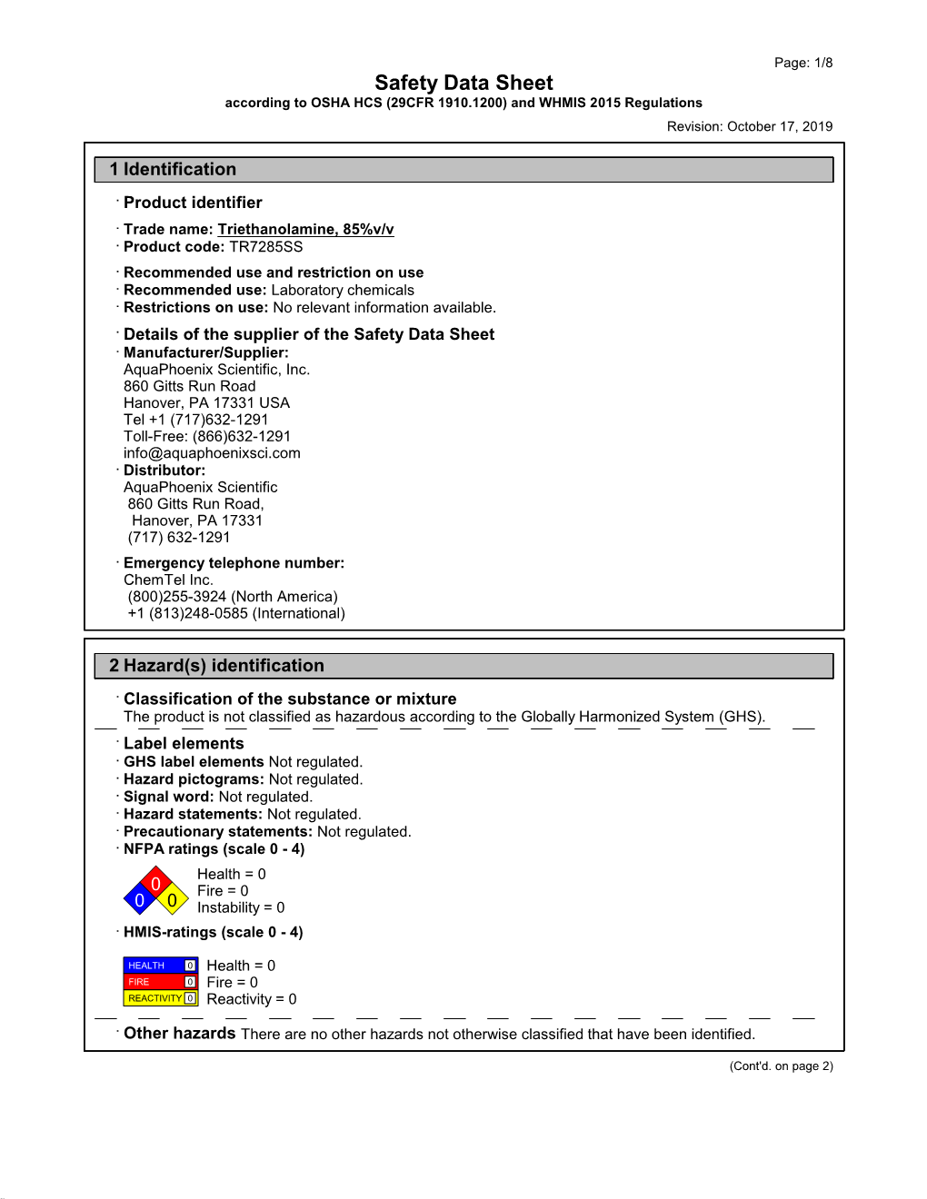 Triethanolamine 85Vv (TR7285SS) Ghsunitedstatessds En 2020-08-11