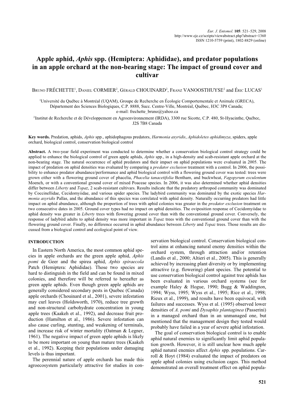 Apple Aphid, Aphis Spp. (Hemiptera: Aphididae), and Predator Populations in an Apple Orchard at the Non-Bearing Stage: the Impact of Ground Cover and Cultivar