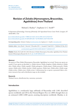 Revision of Zelodia (Hymenoptera, Braconidae, Agathidinae) from Thailand 31 Doi: 10.3897/JHR.26.2527 Research Article