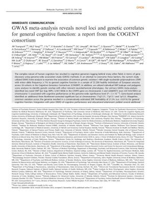 GWAS Meta-Analysis Reveals Novel Loci and Genetic Correlates for General Cognitive Function: a Report from the COGENT Consortium