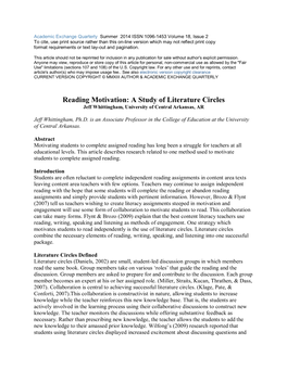 Reading Motivation: a Study of Literature Circles Jeff Whittingham, University of Central Arkansas, AR