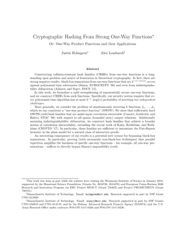 Cryptographic Hashing from Strong One-Way Functions∗ Or: One-Way Product Functions and Their Applications