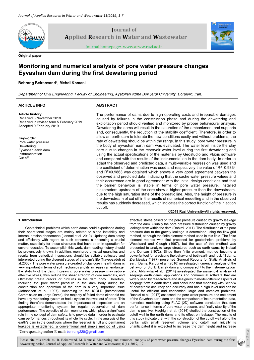 Monitoring and Numerical Analysis of Pore Water Pressure Changes Eyvashan Dam During the First Dewatering Period