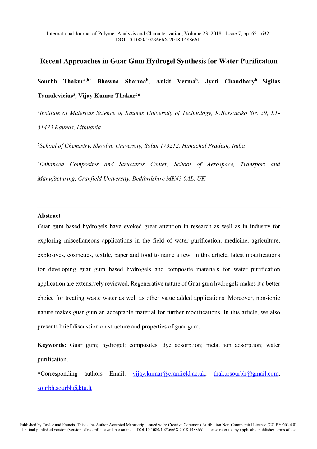 Recent Approaches in Guar Gum Hydrogel Synthesis for Water Purification