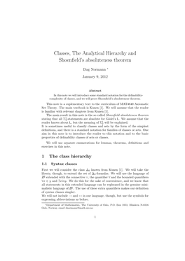 Classes, the Analytical Hierarchy and Shoenfield's Absoluteness Theorem