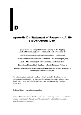 Appendix D – Statement of Reasons –JAISH- E-MOHAMMAD (Jem)