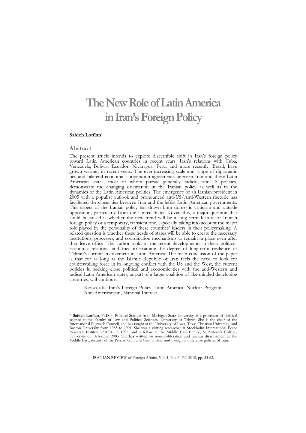 The New Role of Latin America in Iran's Foreign Policy