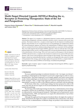 Mtdls) Binding the Σ1 Receptor As Promising Therapeutics: State of the Art and Perspectives