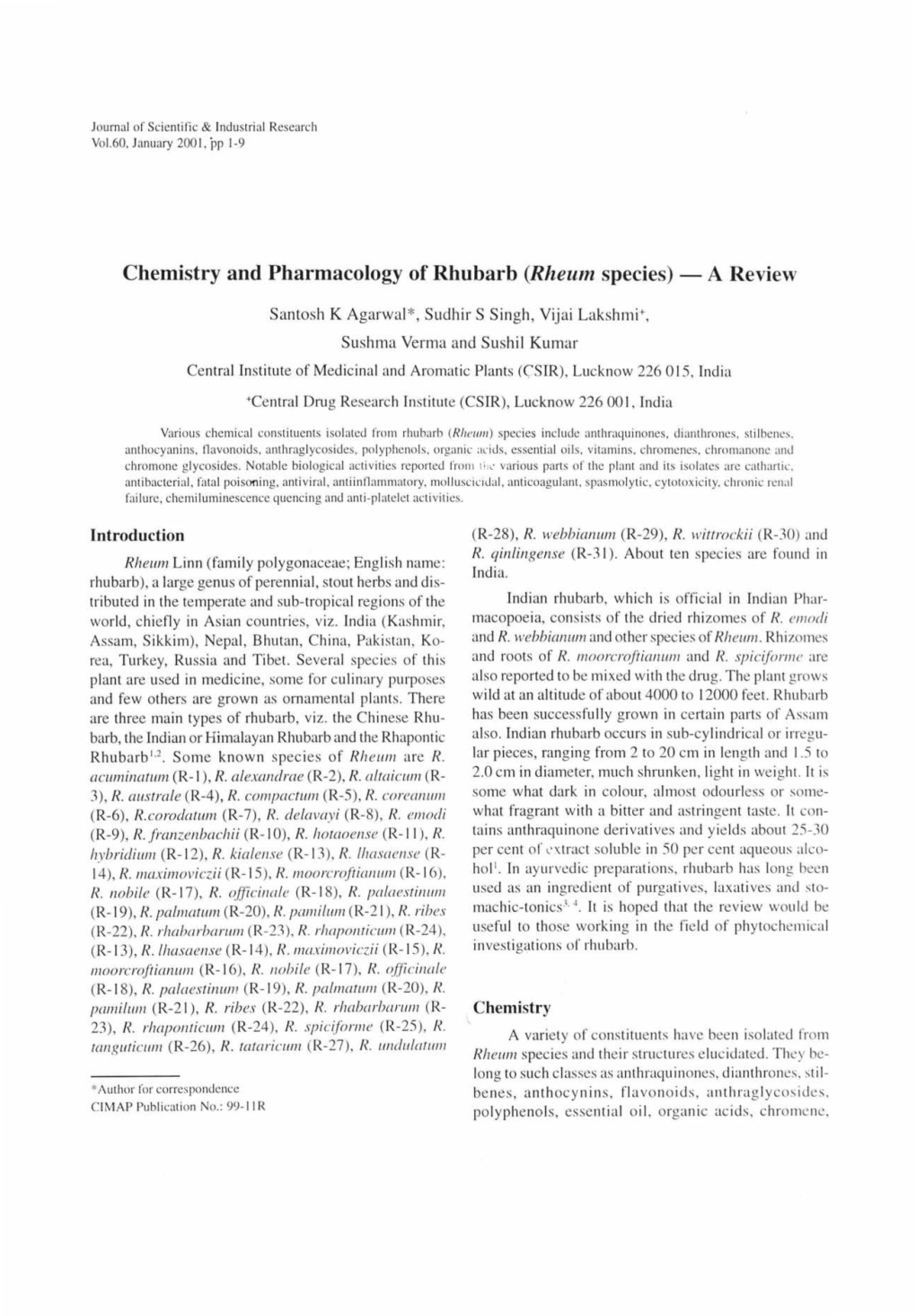 Chemistry and Pharmacology of Rhubarb (Rheum Species)- a Review