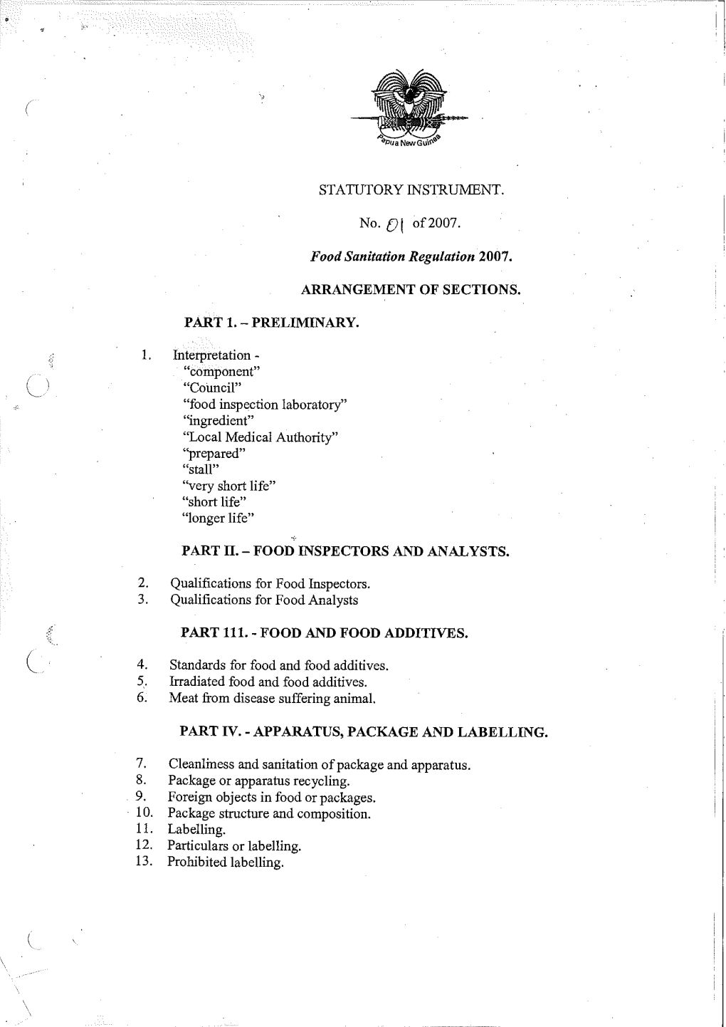 No. 01 Of2007. Food Sanitation Regulation 2007. 1