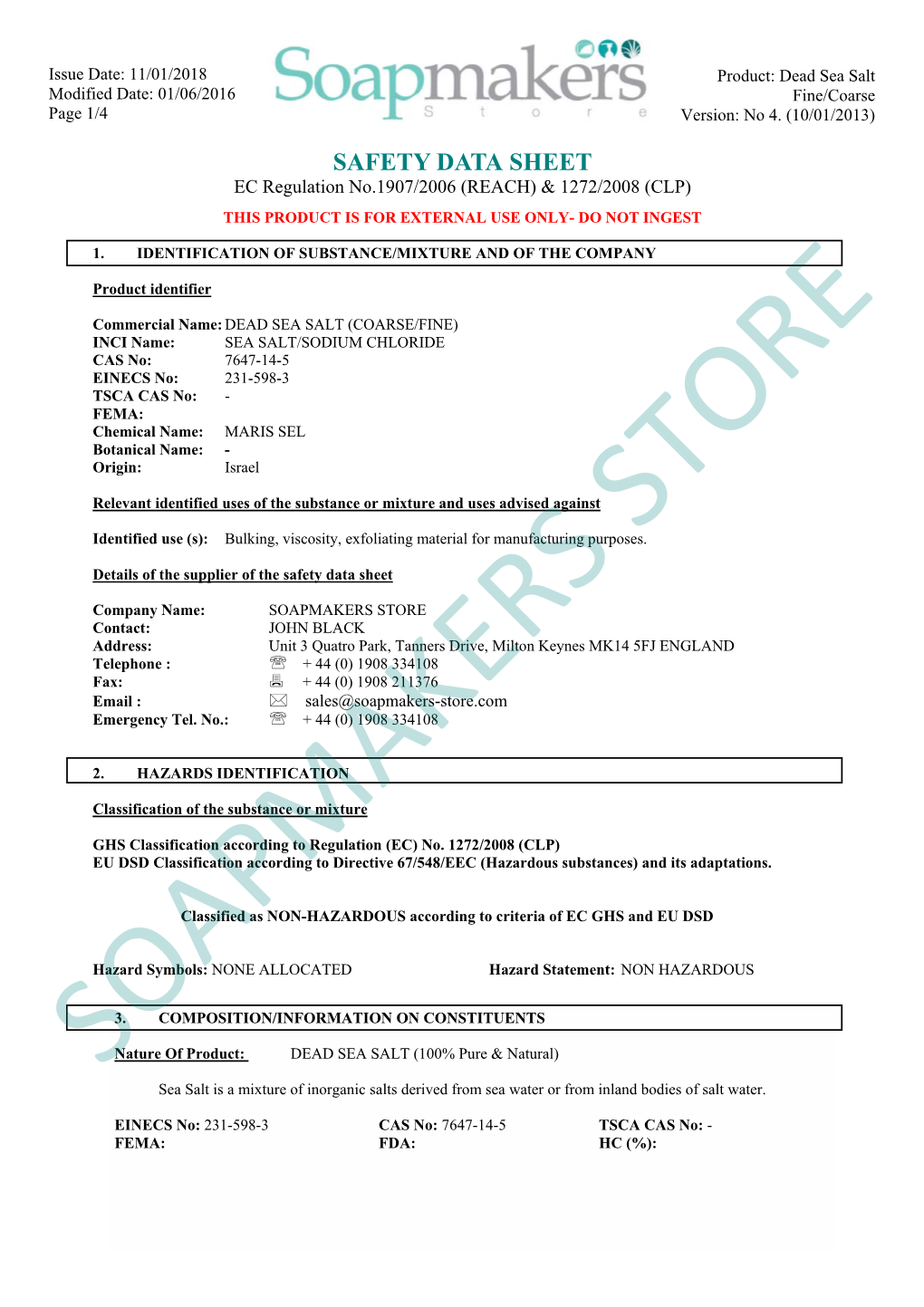 Dead Sea Salt Modified Date: 01/06/2016 Fine/Coarse Page 1/4 Version: No 4