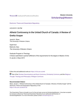 Atheist Controversy in the United Church of Canada: a Review of Gretta Vosper