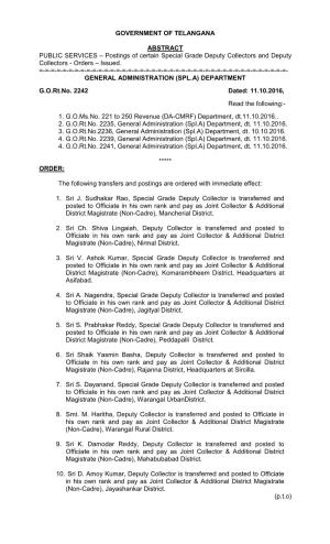 GOVERNMENT of TELANGANA ABSTRACT PUBLIC SERVICES – Postings of Certain Special Grade Deputy Collectors and Deputy Collectors