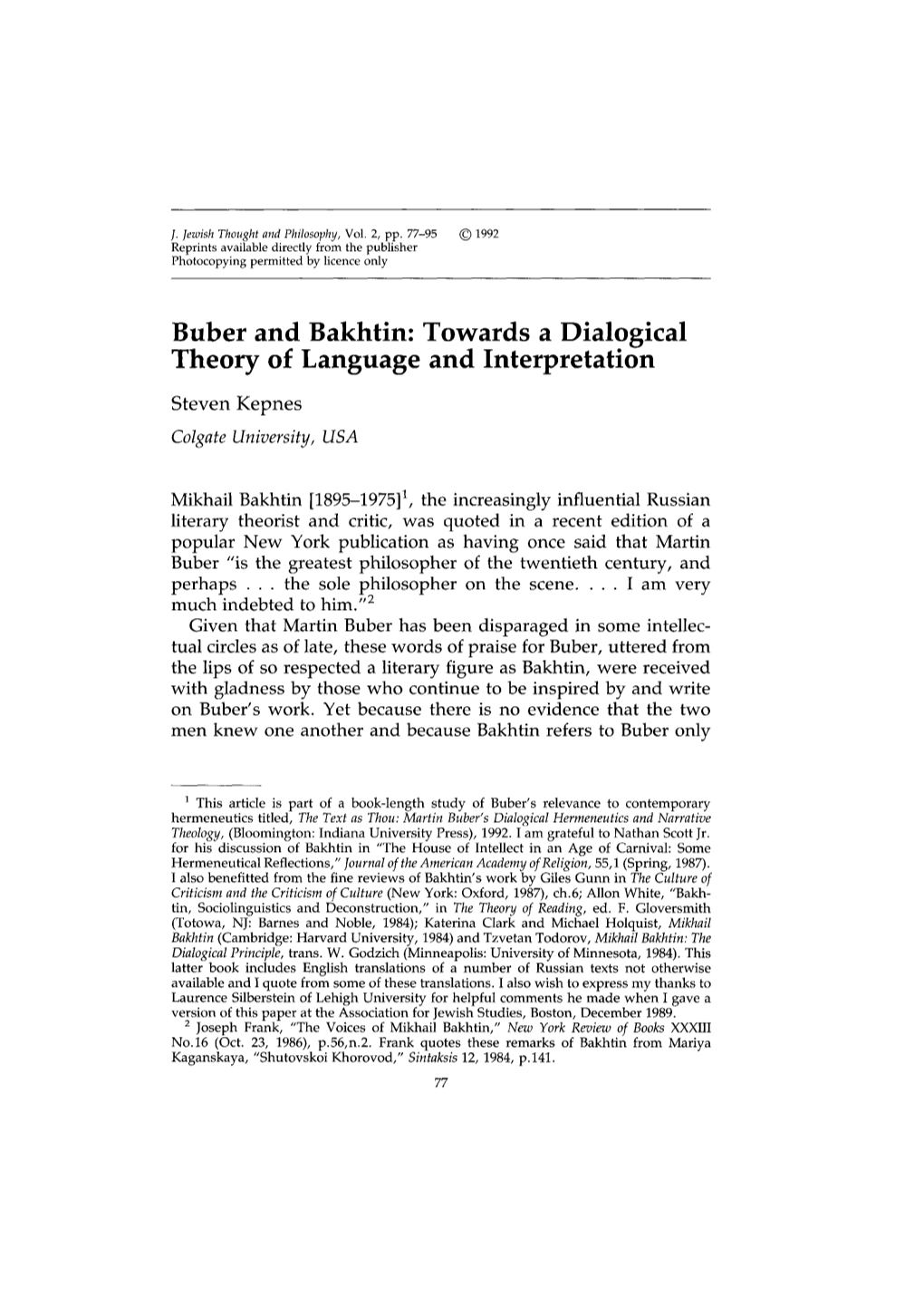 Buber and Bakhtin: Towards a Dialogical Theory of Language and Interpretation