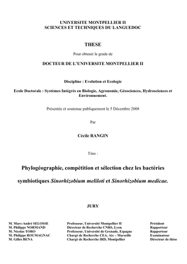 Phylogéographie, Compétition Et Sélection Chez Les Bactéries Symbiotiques Sinorhizobium Melitoti Et Sinorhizobium Medicae